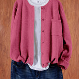 Women’s round-neck cardigan with button front, side pocket, purple knit, long sleeves