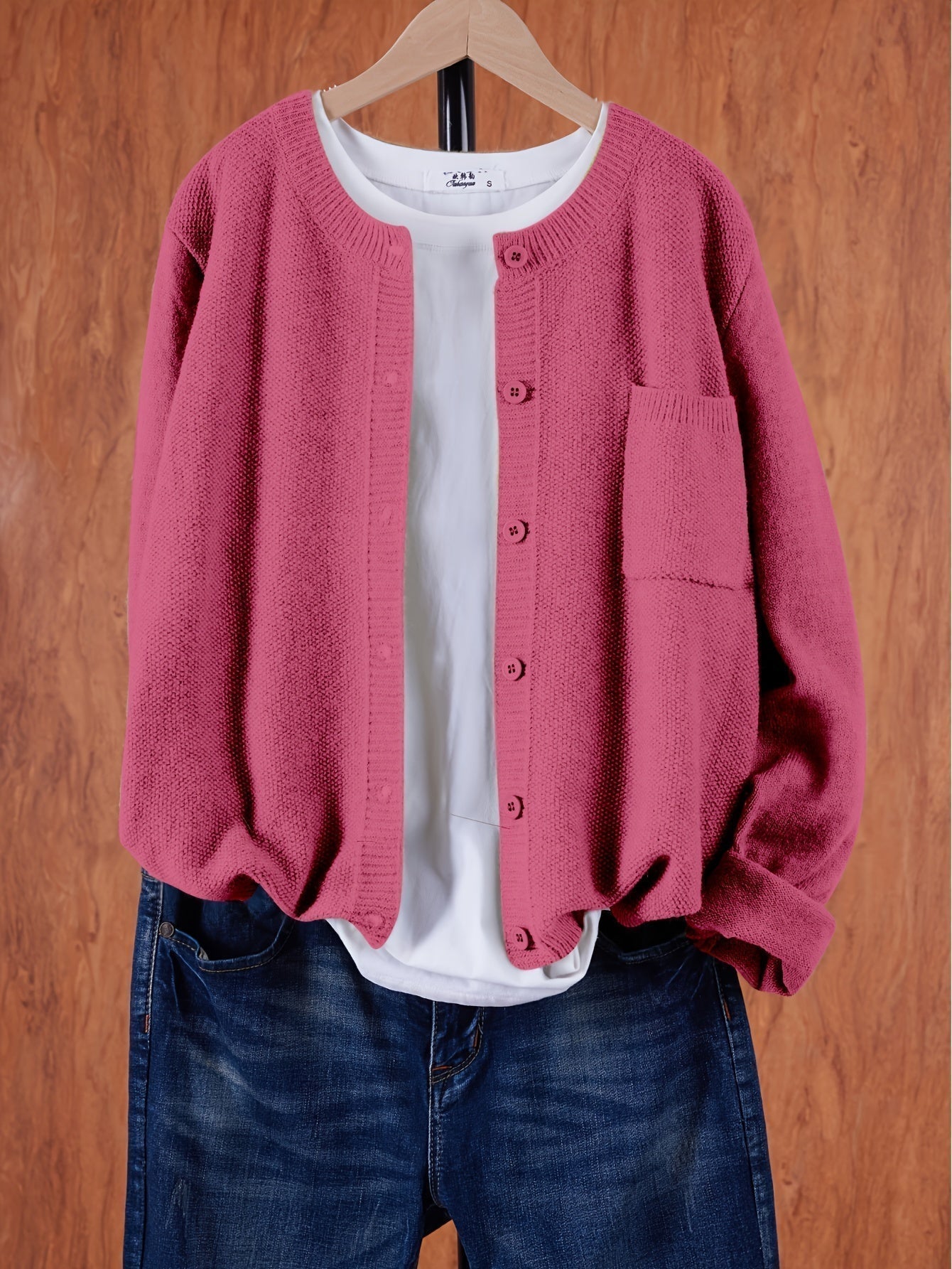 Women’s round-neck cardigan with button front, side pocket, purple knit, long sleeves