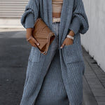 Women's maxi knit cardigan with long sleeves and front pockets, blue textured knit
