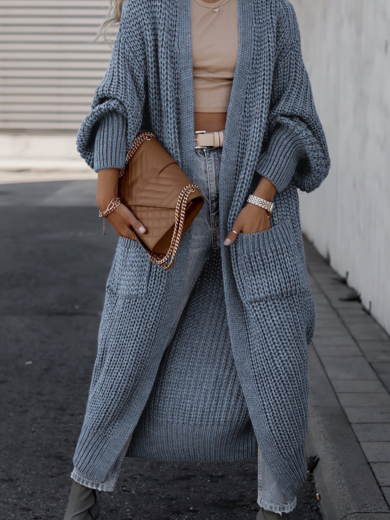 Women's maxi knit cardigan with long sleeves and front pockets, blue textured knit