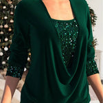 Dark green glitter sequin top with draped V-neck and long sleeves
