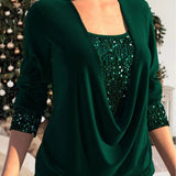 Dark green glitter sequin top with draped V-neck and long sleeves