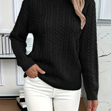Relaxed cable-knit pullover, black crew neck with long sleeves