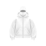 White hooded zip sweatshirt with face mask and front pockets
