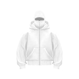 White hooded zip sweatshirt with face mask and front pockets