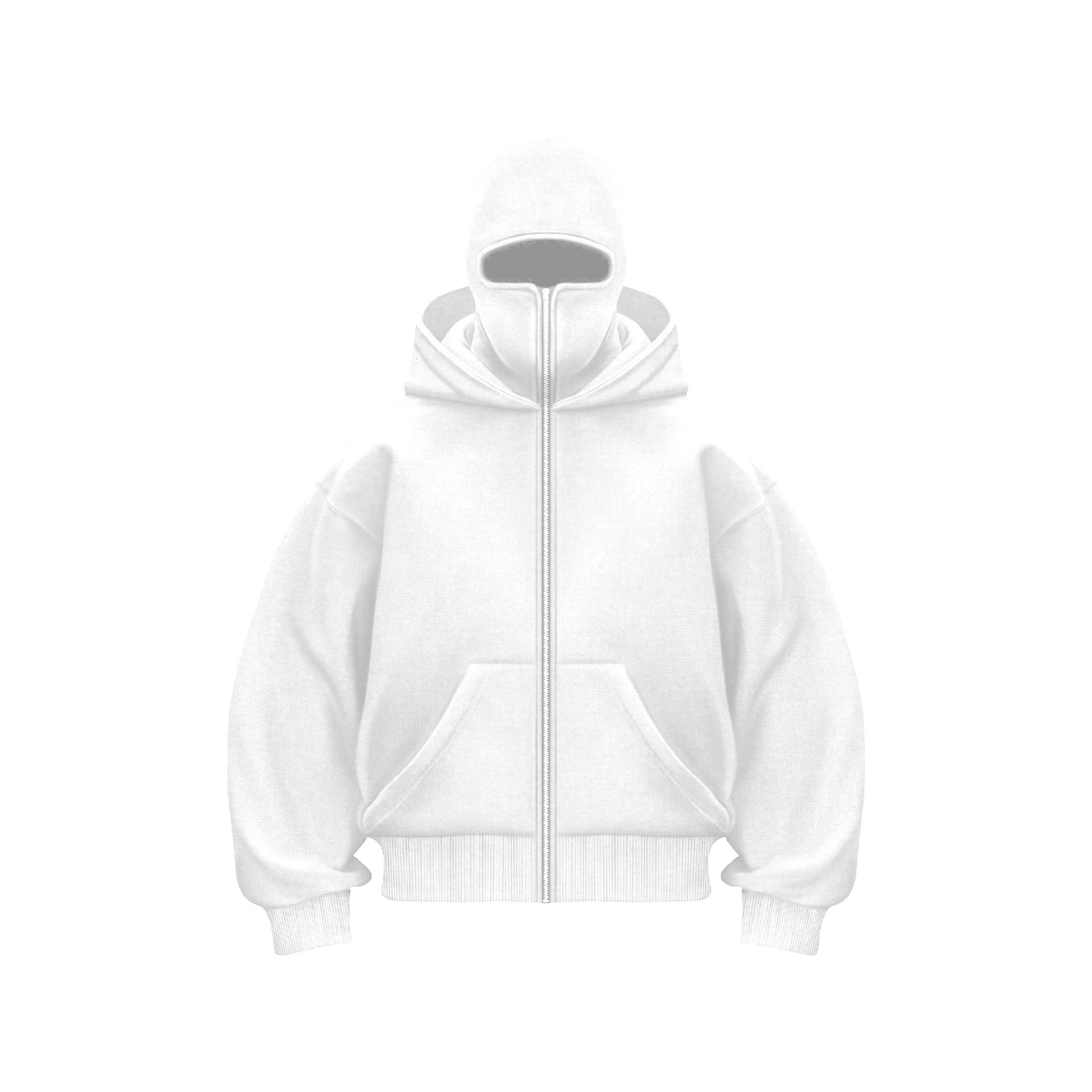 White hooded zip sweatshirt with face mask and front pockets