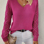 Wendy long-sleeve V-neck sweater in magenta with open-knit crochet sleeves