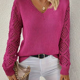 Wendy long-sleeve V-neck sweater in magenta with open-knit crochet sleeves