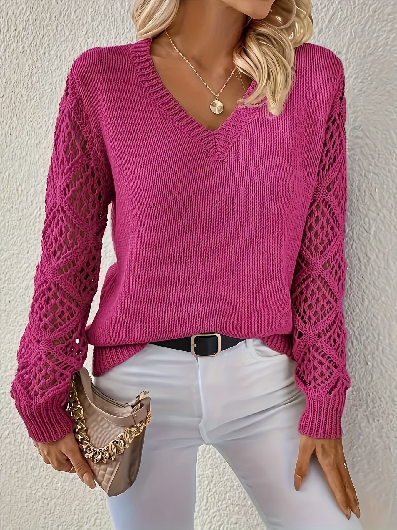 Wendy long-sleeve V-neck sweater in magenta with open-knit crochet sleeves