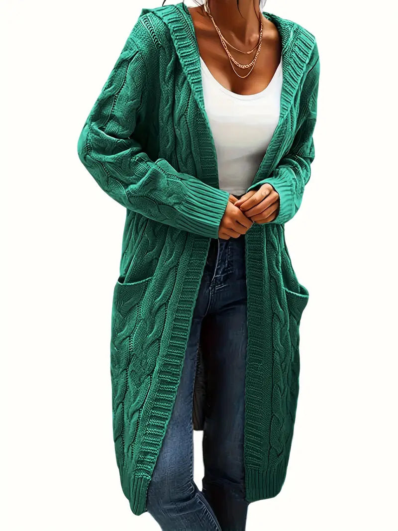 Women’s longline cable knit cardigan in green, open front with shawl collar