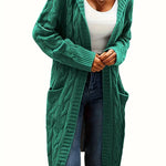 Women’s longline cable knit cardigan in green, open front with shawl collar