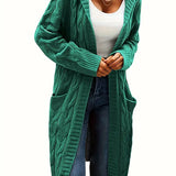 Women’s longline cable knit cardigan in green, open front with shawl collar