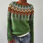 Green retro pullover sweater with Fair Isle zigzag yoke and diamond pattern