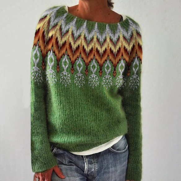 Green retro pullover sweater with Fair Isle zigzag yoke and diamond pattern