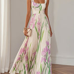 Mary™ pleated maxi dress, white with pink and green floral print, sleeveless and pleated