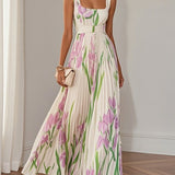 Mary™ pleated maxi dress, white with pink and green floral print, sleeveless and pleated