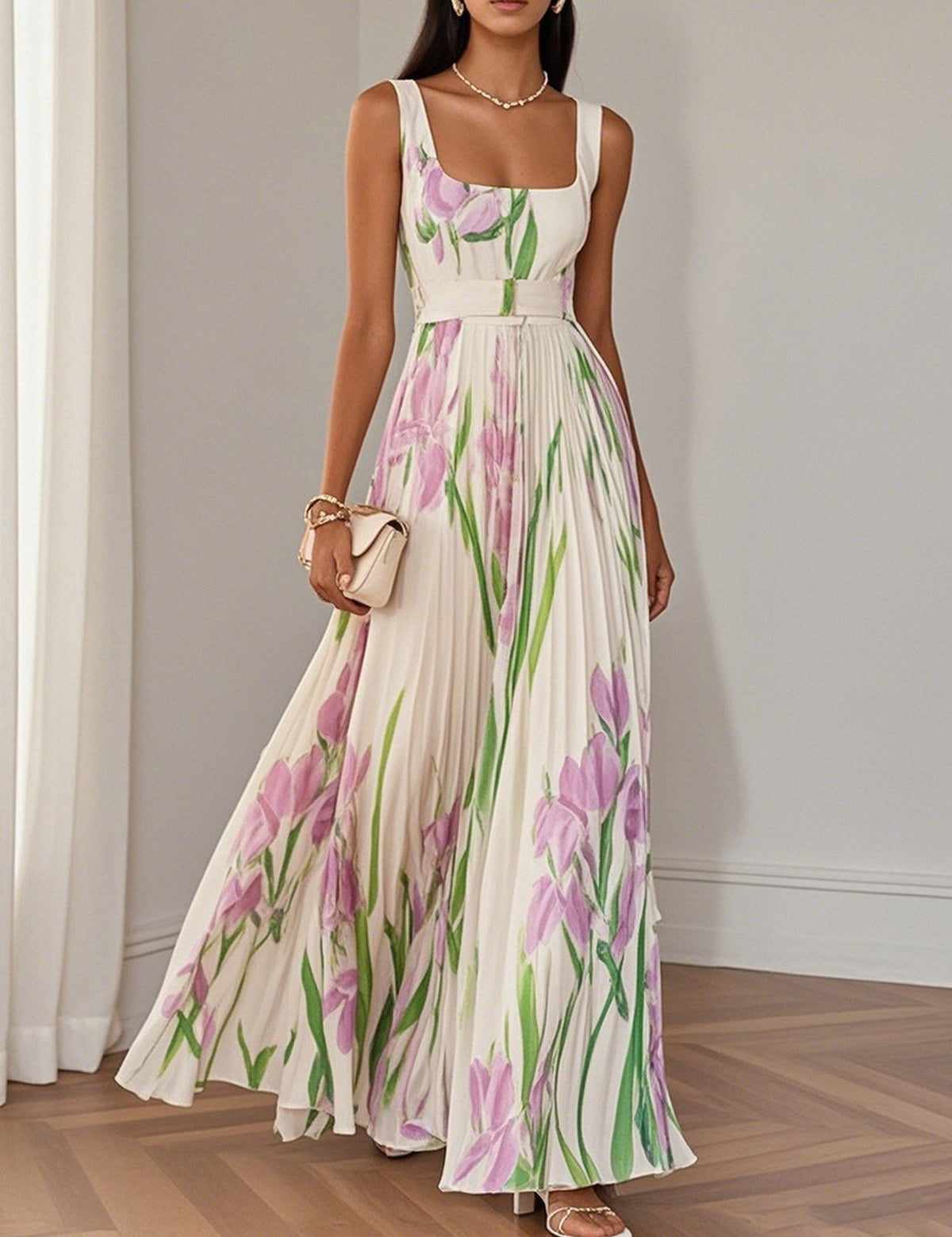 Mary™ pleated maxi dress, white with pink and green floral print, square neckline