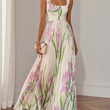 Mary™ pleated maxi dress, white with pink and green floral print, square neckline