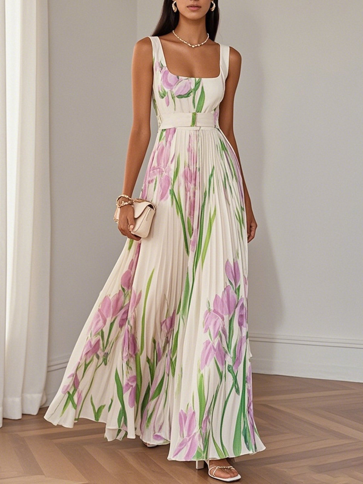 Mary™ pleated maxi dress, white with pink and green floral print, square neckline