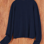Women’s round-neck cardigan with long sleeves, dark blue knit texture, cropped back view