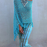 Sonnenuntergang Brise Quasten Strick Cover-Up mit Ausschnitt-Design