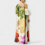 Skylar - Maxikleid mit floralem Muster, asymmetrischem Ausschnitt und Ballonärmeln