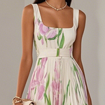 Mary™ pleated maxi dress, white floral print, square neckline and thin straps