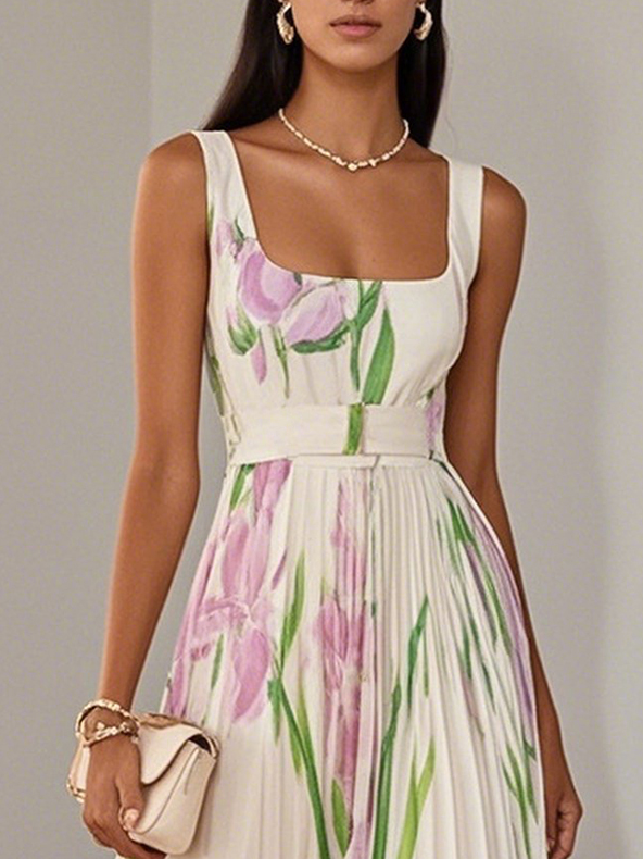 Mary™ pleated maxi dress, white floral print, square neckline and thin straps