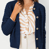 Navy textured knit cardigan with button front, mock placket, and long sleeves