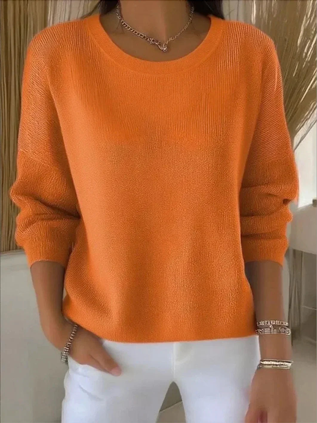Relaxed vintage pullover, orange crewneck knit sweater with long sleeves and dropped shoulders