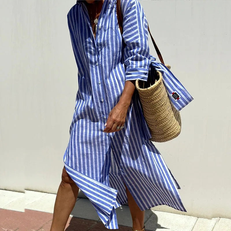 Striped summer dress with button front, blue and white vertical stripes, long sleeves