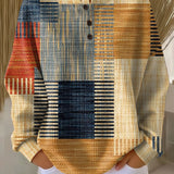Thea™ soft perfection long-sleeve button tunic, yellow navy orange patterned knit