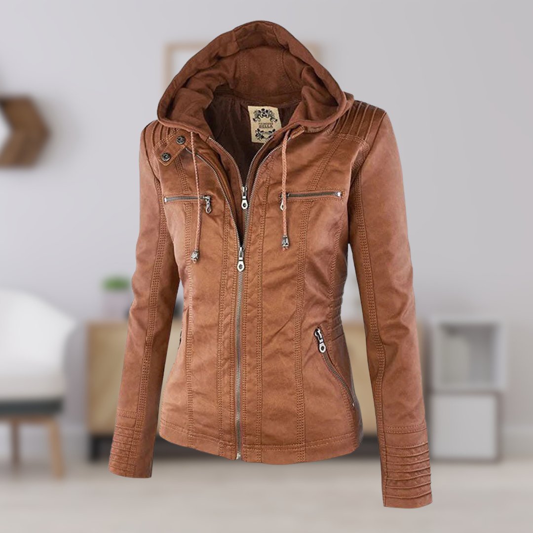 Brown zip-up hooded jacket with chest pockets and drawstring tassels