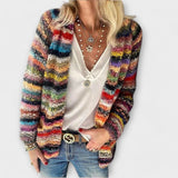 Multicolor striped knit cardigan with long sleeves and open front