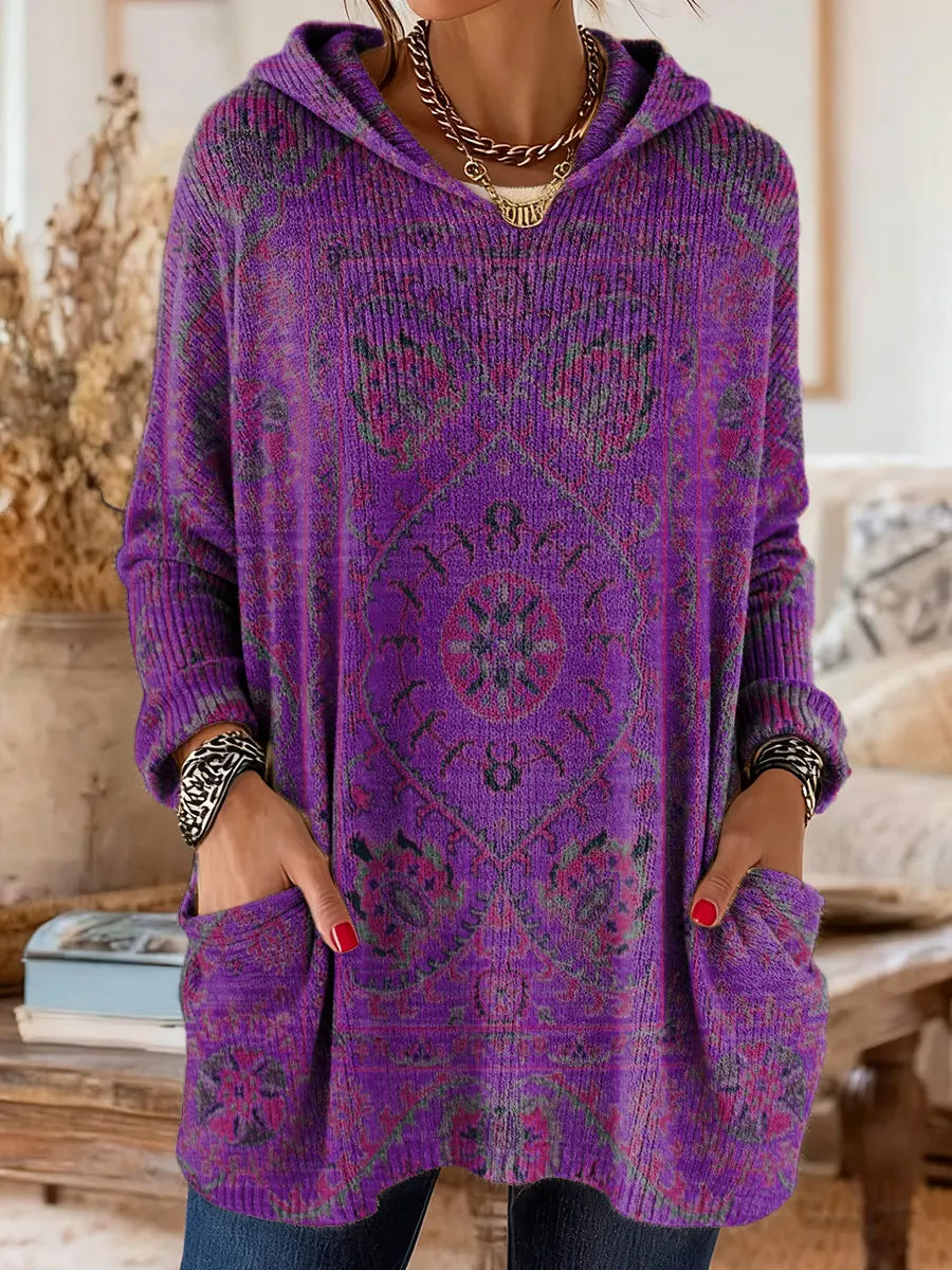 Vintage-inspired hooded knit tunic with front pockets, purple multicolor ethnic print