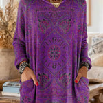 Vintage-inspired hooded knit tunic with front pockets, purple multicolor ethnic print