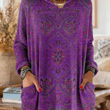 Vintage-inspired hooded knit tunic with front pockets, purple multicolor ethnic print