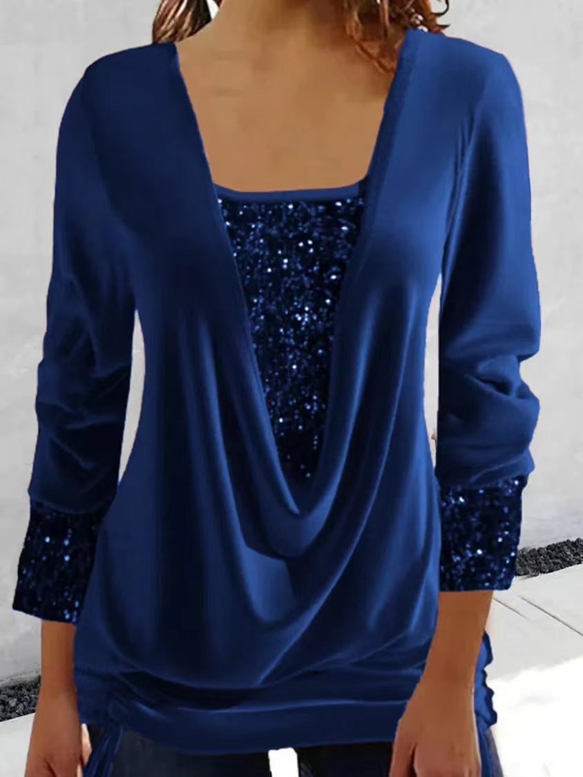 Royal blue glitter sequin top with draped V-neck and 3/4 sleeves