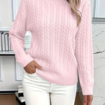Relaxed cable-knit pullover, light pink crew neck, long sleeves