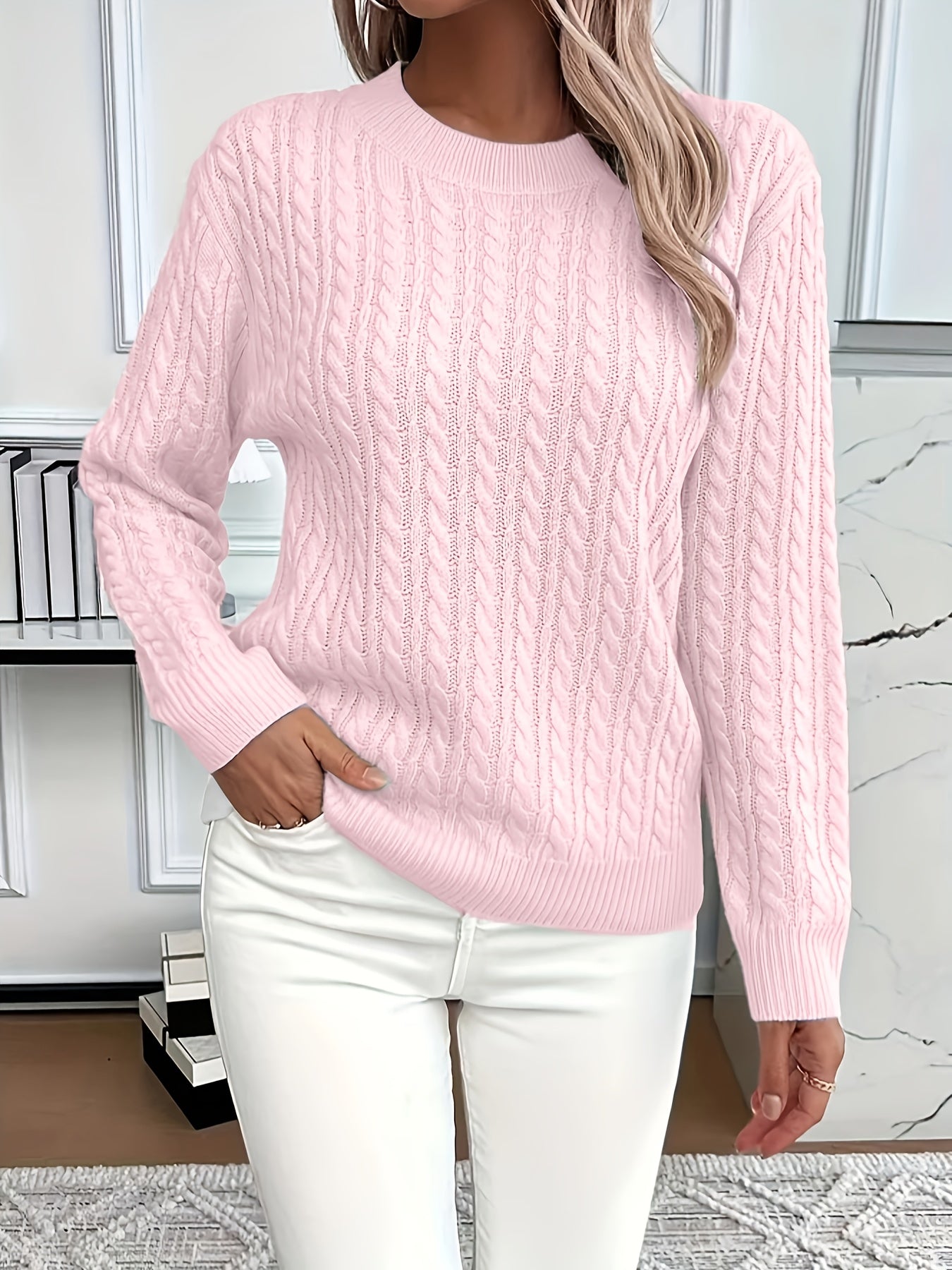 Relaxed cable-knit pullover, light pink crew neck, long sleeves