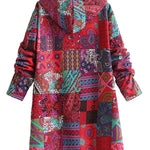 Remi™ patchwork hooded jacket, colorful patterned fabric, long sleeves and back view