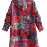 Remi™ patchwork hooded jacket, colorful patterned fabric, long sleeves and back view