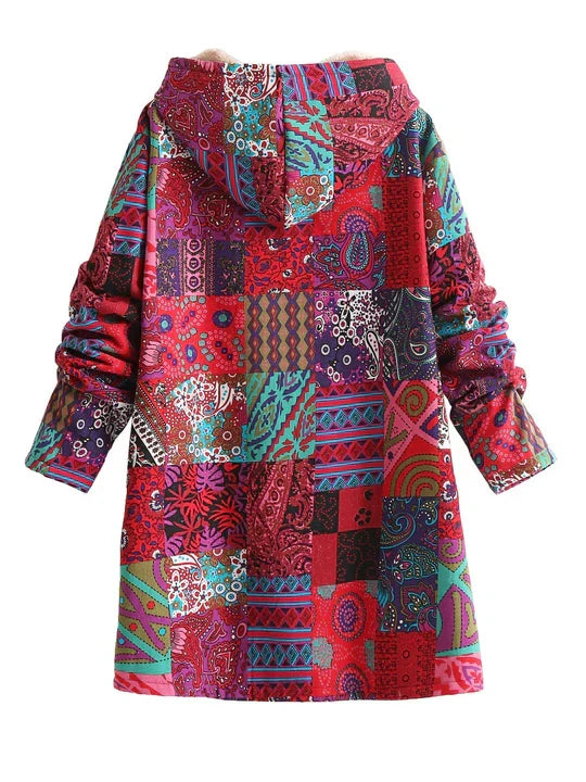Remi™ patchwork hooded jacket, colorful patterned fabric, long sleeves and back view