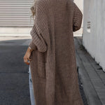 Dark brown long knit cardigan with open front, long sleeves, and side pockets