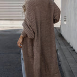 Dark brown long knit cardigan with open front, long sleeves, and side pockets