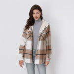 AMELIA™ plaid flannel hooded jacket in cream, tan, and brown checks, button-front.