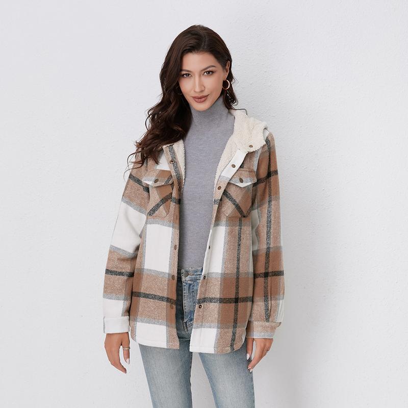 AMELIA™ plaid flannel hooded jacket in cream, tan, and brown checks, button-front.