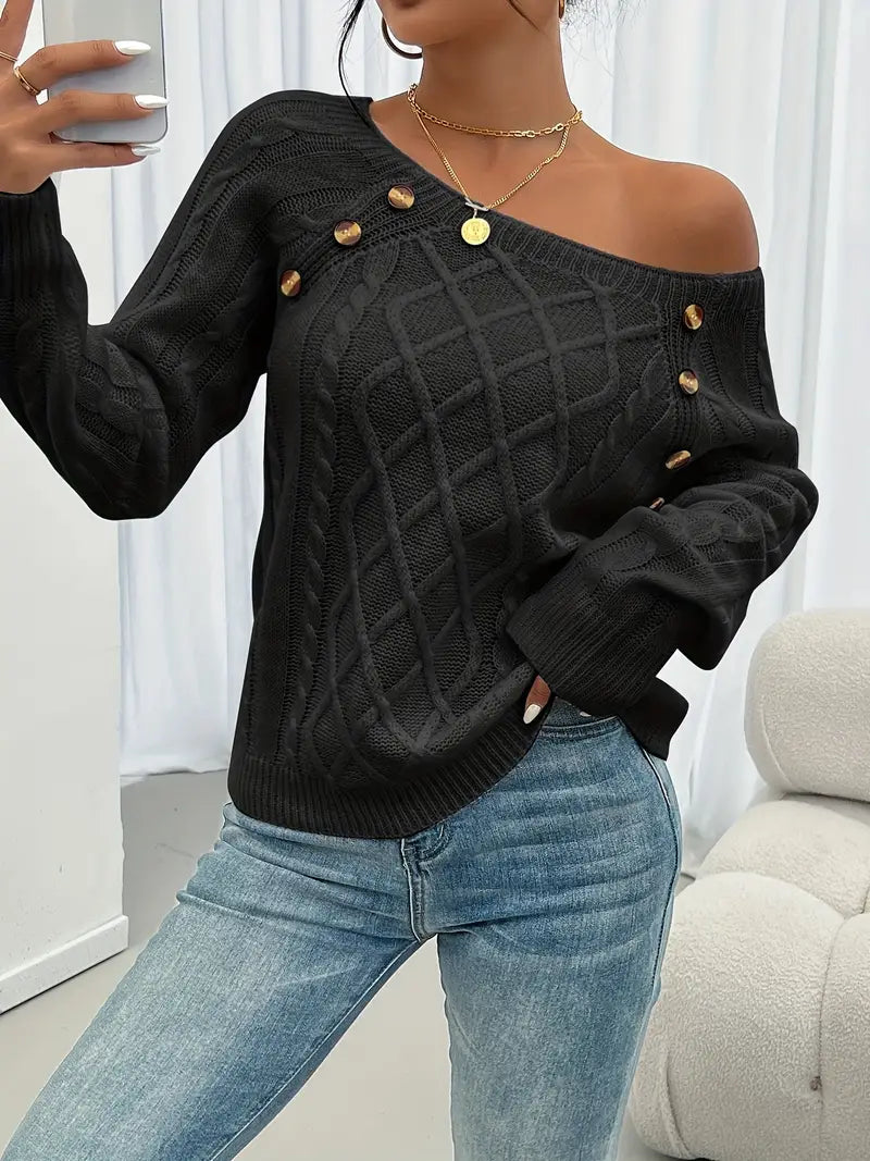 Cable-knit long-sleeve sweater, black, one-shoulder drape with gold button at neckline