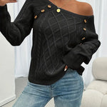 Cable-knit long-sleeve sweater, black, one-shoulder drape with gold button at neckline