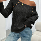 Cable-knit long-sleeve sweater, black, one-shoulder drape with gold button at neckline